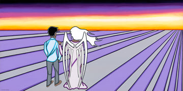 A painting of a person and an angel walking along a path of purple lines. There is a bright yellow and dark purple sky on the horizon.