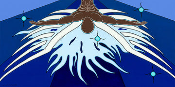 A painting of an angel hanging upside down with wings outstretched. The sky has some bright blue stars and a dark blue background.